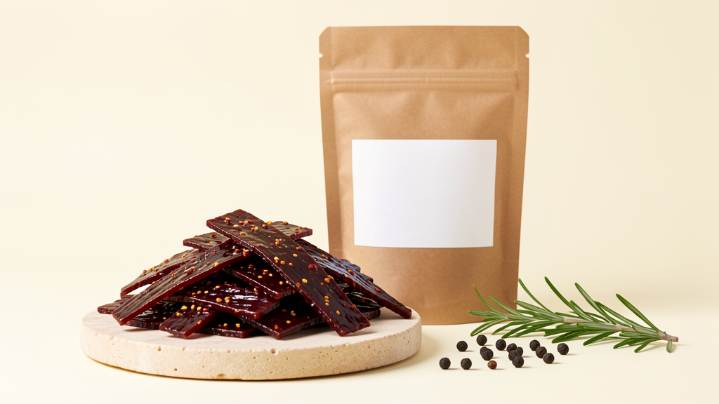 Premium beef jerky stacked on a stone board with kraft bag, peppercorns and rosemary